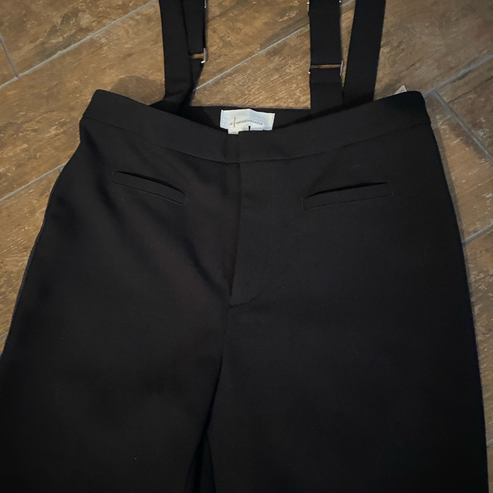 Anthro Black Women's Suspender Trousers. Size 6t. NWT. Satin stripe on side. - Picture 3 of 5